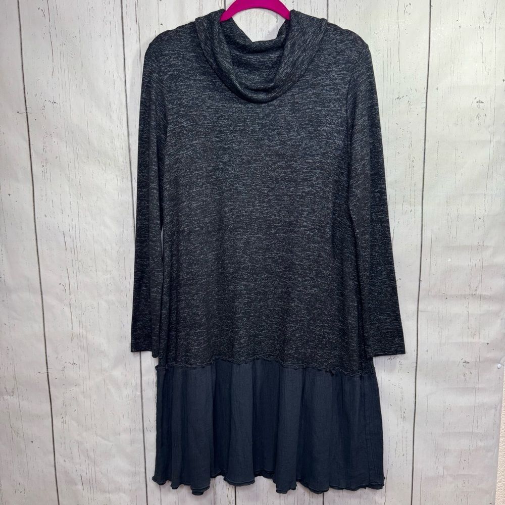 Soft Surroundings Black Charcoal Cowl Neck Ruffle Hem Tunic Dress Lagenlook Boho